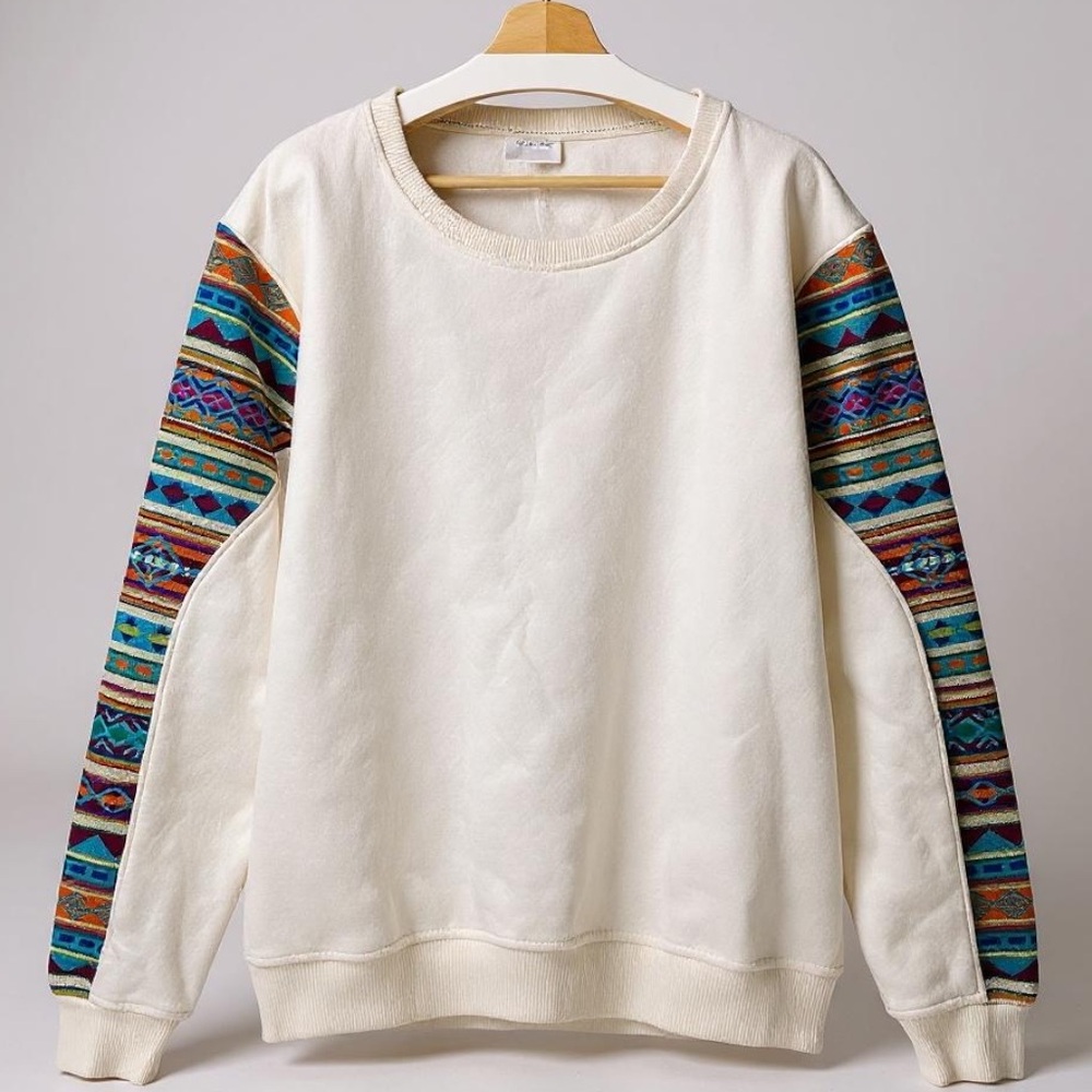 Peruvian Cream Crewneck Sweater with Patterned Sleeves